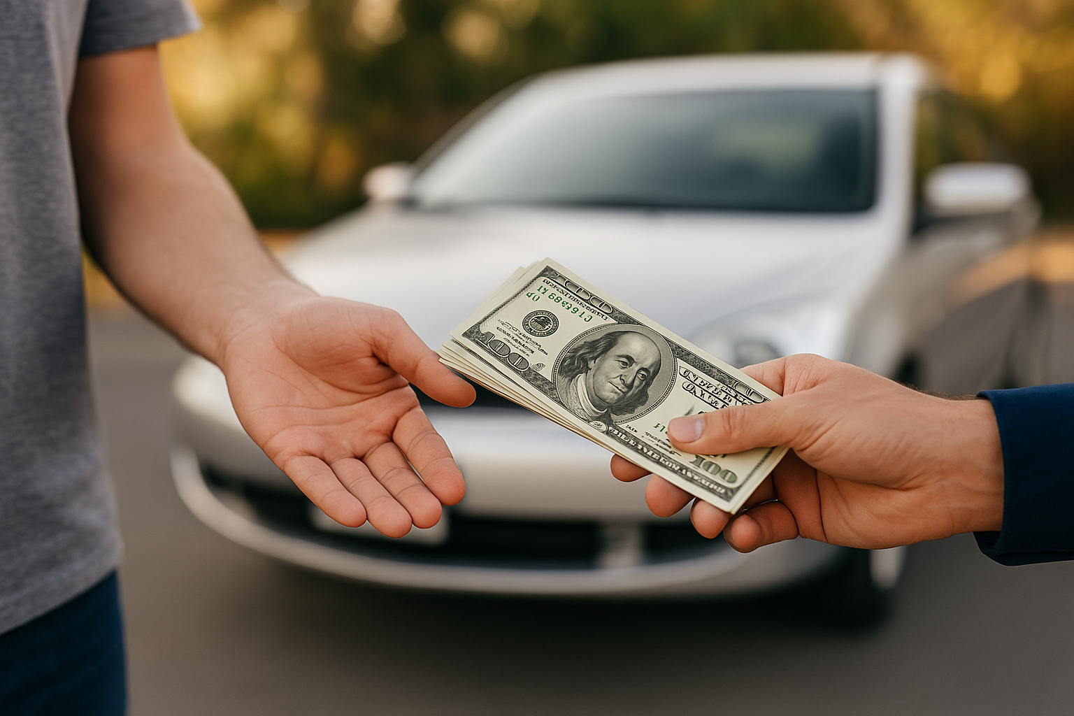 Hands exchanging cash with a car in the background, representing selling a junk car for cash through Express Auto Buyer.